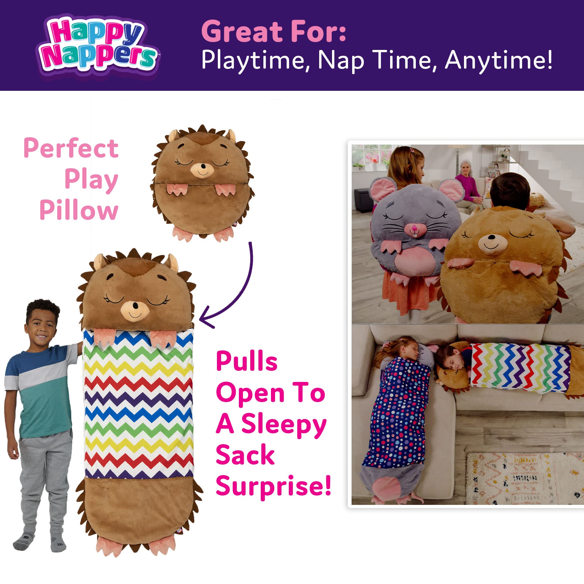 Happy Nappers: Pillow & Sleepy Sack: Medium - Hedgehog - 54 x 20, 2-in-1: Plush Animal Opens Into Sleeping Bag, Soft Play & Nap Character, Kids 3+