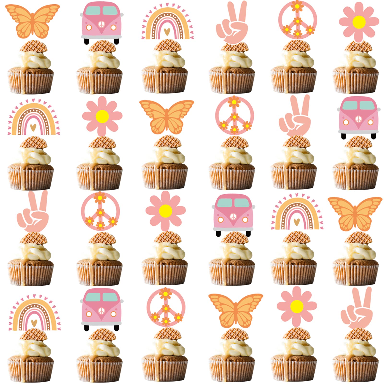 48Pcs Hippie Party Cupcake Toppers for Two Groovy Birthday Party Decorations Boho Rainbow Party Supplies