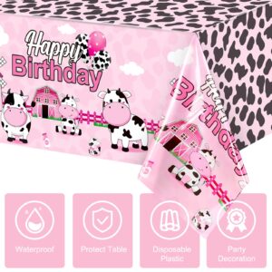 Tiamon 3 Pieces Cow Birthday Party Tablecloth Decorations Plastic Farm Animal Table Cover Pink Cow Print Table Cloths for Farmhouse Girls Happy Birthday Baby Shower Party Supplies, 108 x 54 Inches