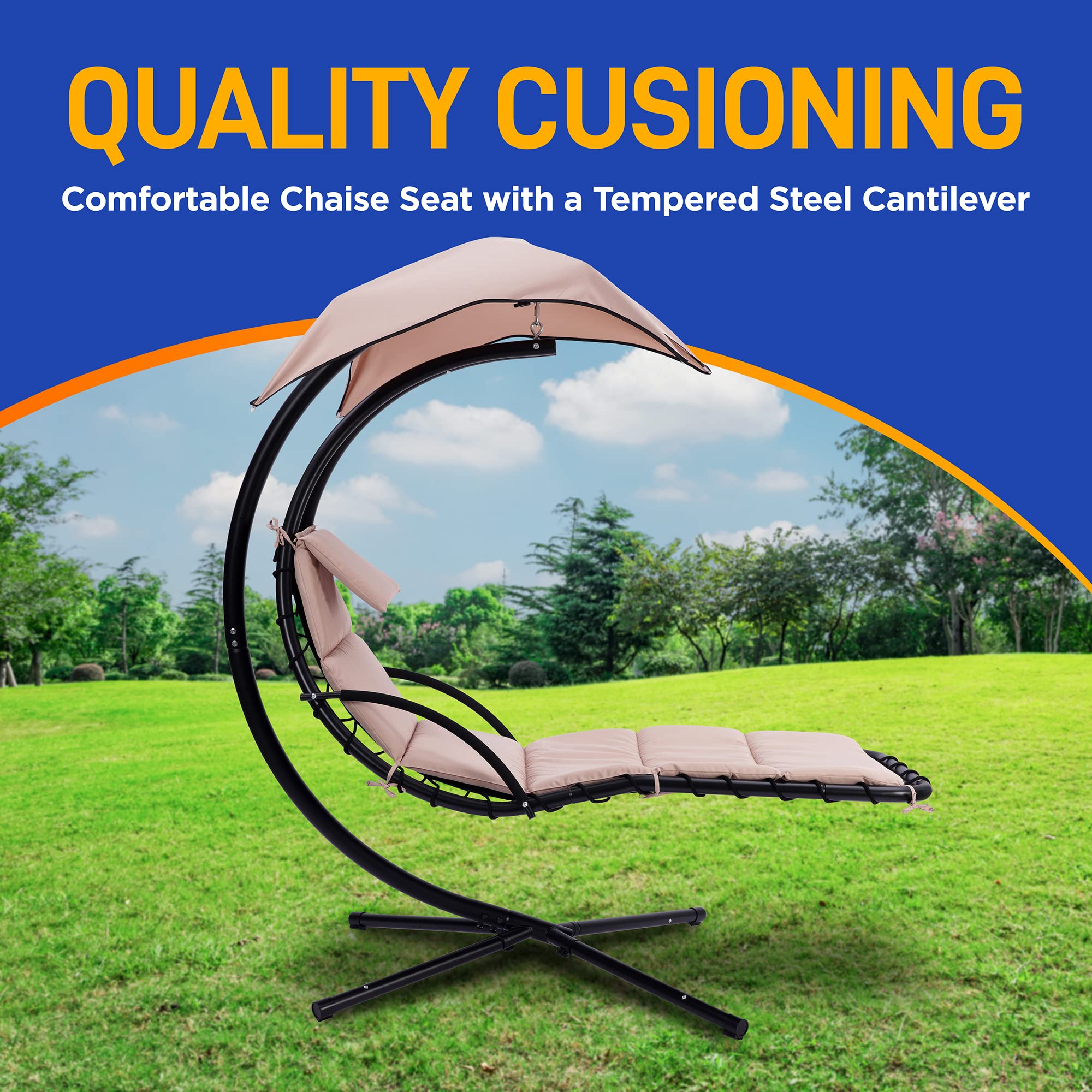 SereneLife Outdoor Hanging Curved Steel Chaise Lounge Swing Chair w/a Built-in Pillow and Removable Canopy UV Protection and Foam Covered Armrest