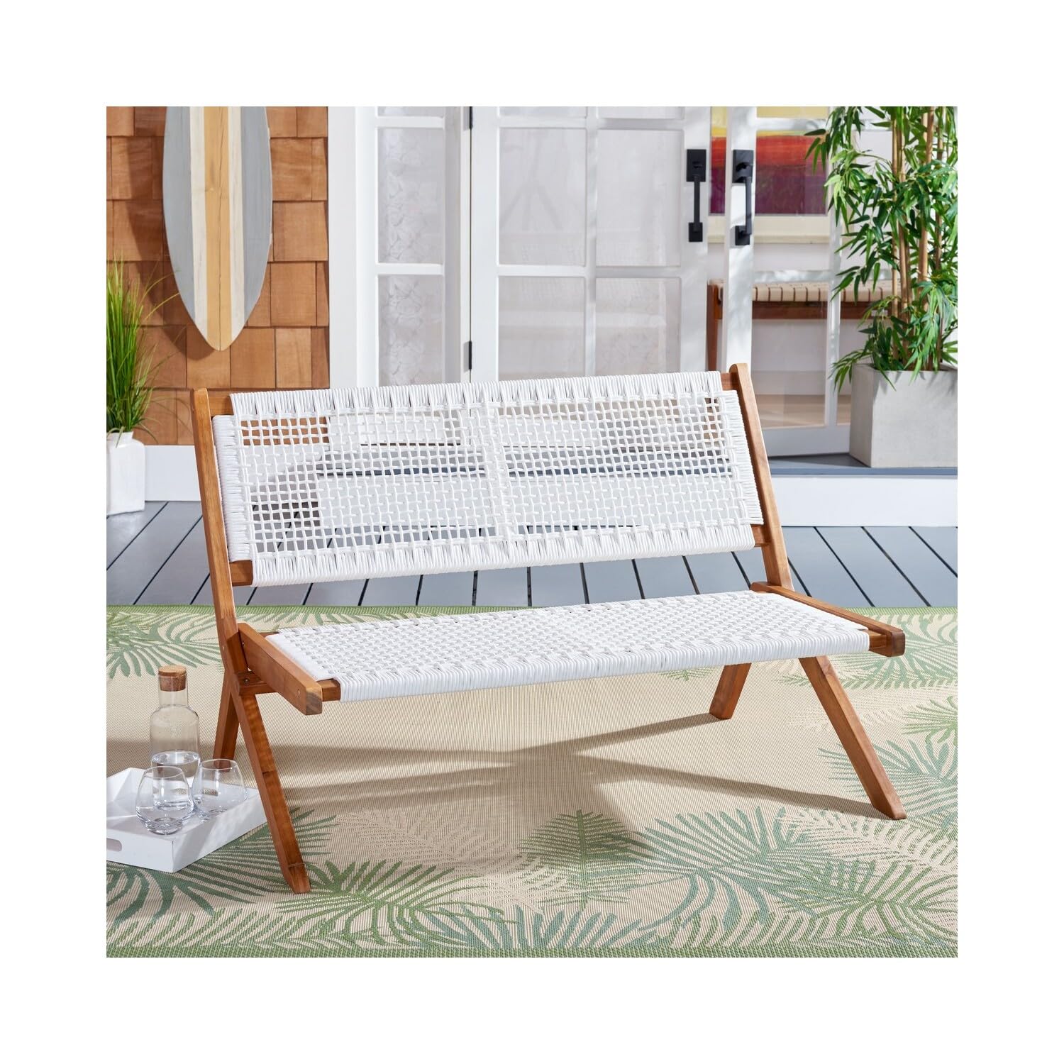 SAFAVIEH Outdoor Collection Kobina Natural Acacia Wood/White Rope Foldable Bench