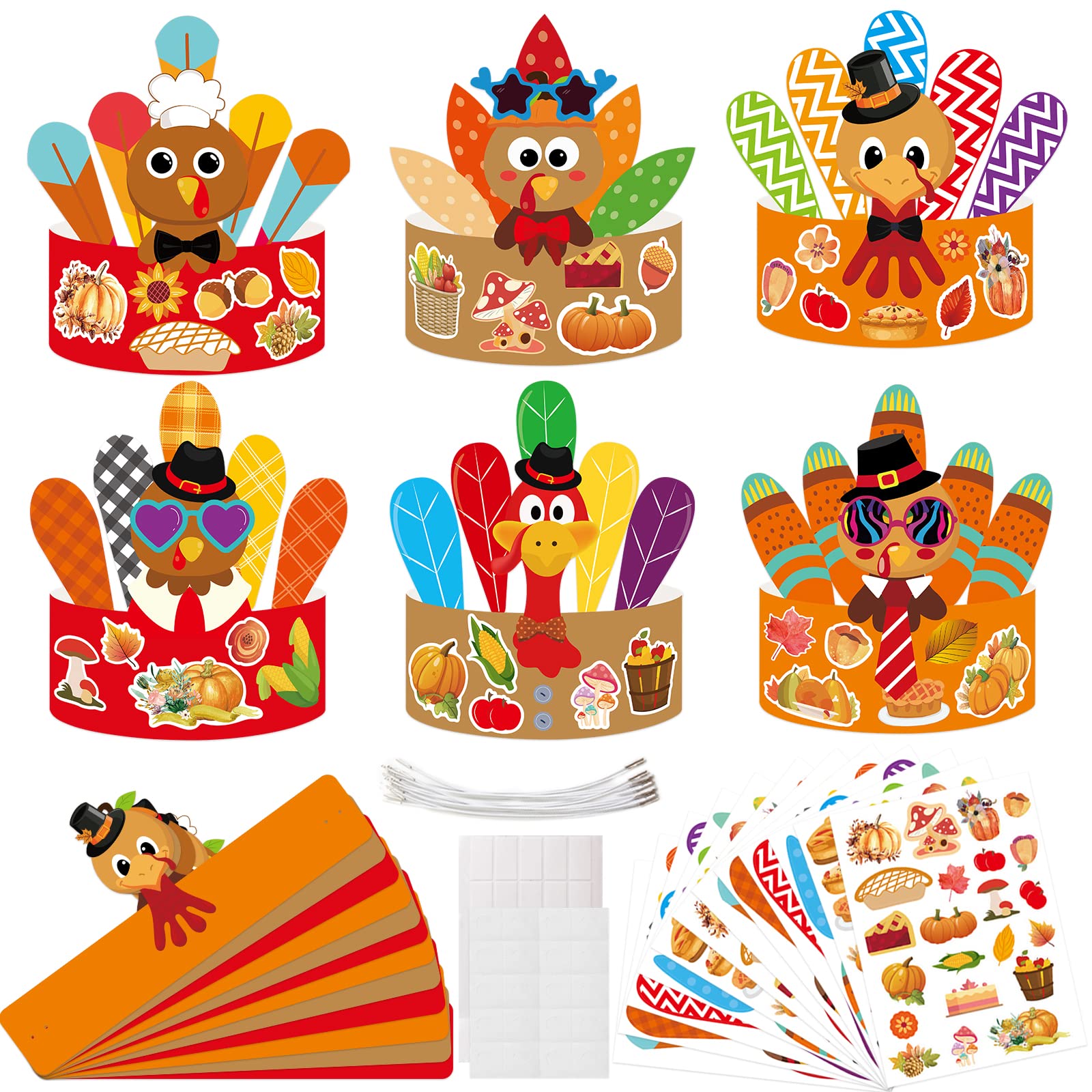 DIY Thanksgiving Turkey Craft Kits 12 PCS Fall Headbands Crowns Hats Party Decoration Supplies for Kids School Holiday Activity