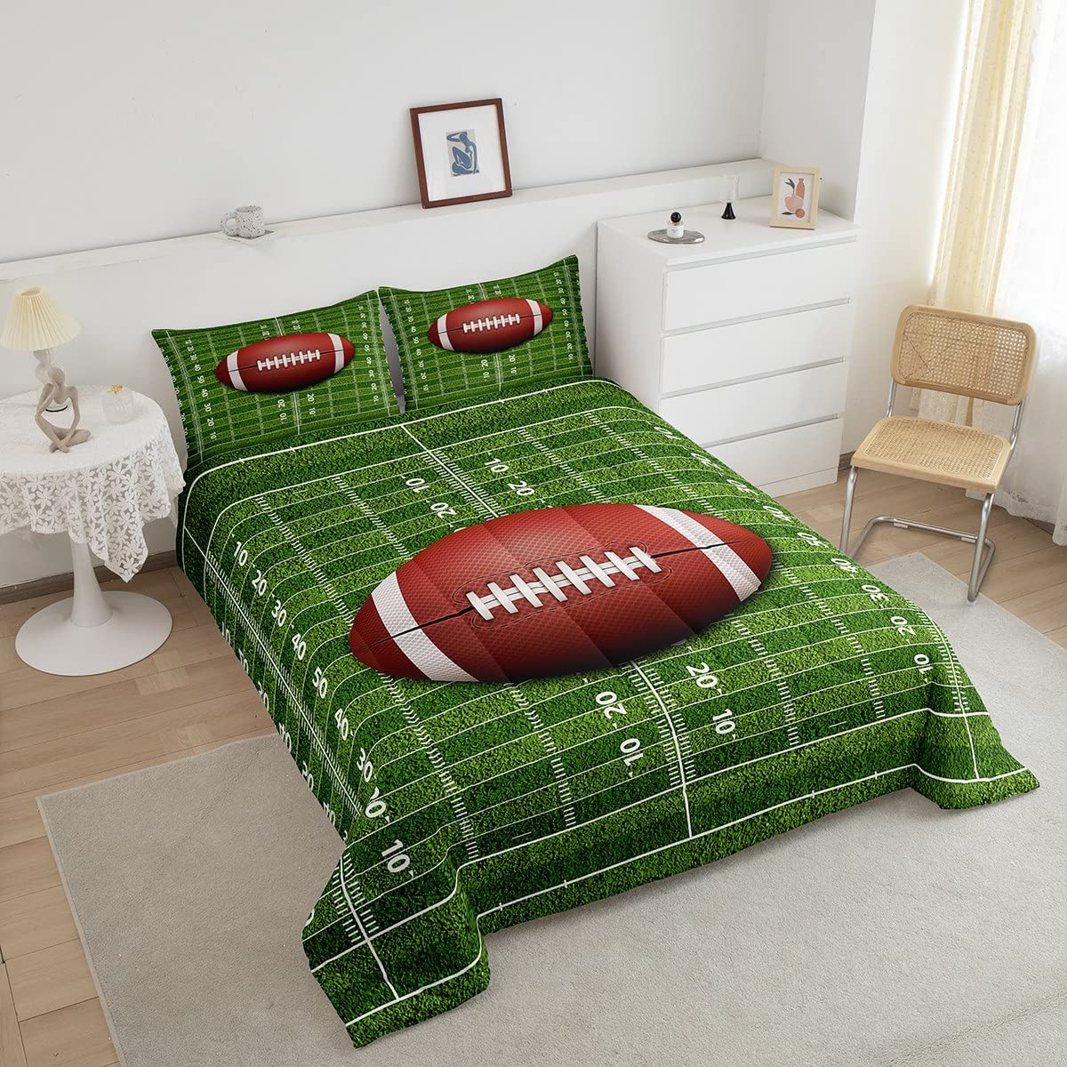 American Football Comforter Set Full,Football Field Abstract Bedding Set 3pcs for Kids Teens Boys Girls Adults Room Decor, Soccer Sport Game Quilt Set Green Brown Duvet Insert with 2 Pillowcases