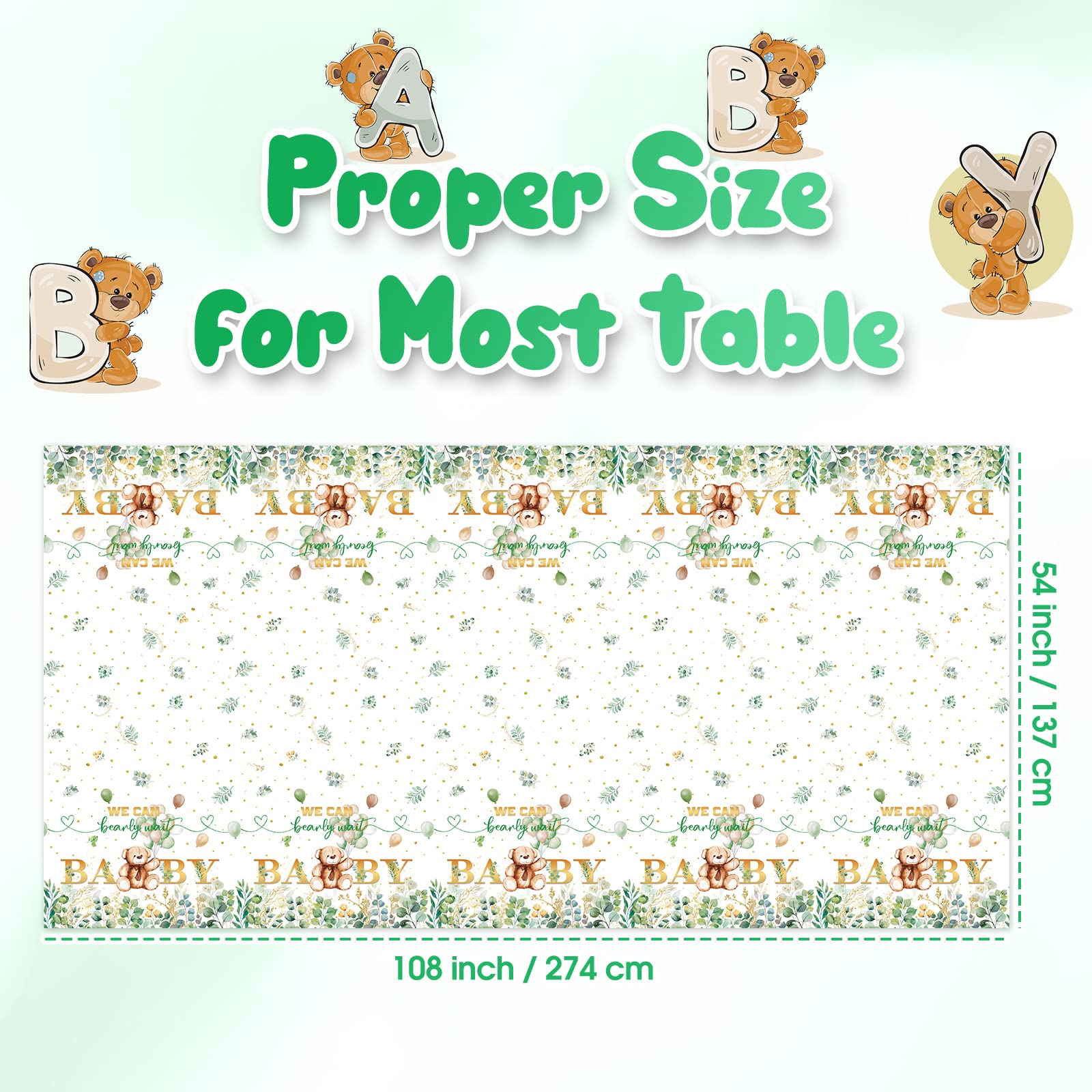 3 Packs We Can Bearly Wait Baby Shower Tablecloth Decorations Teddy Bear Table Cover Balloon Bear Plastic Tablecloth for Bear Theme Birthday Baby Shower Party Decor, 54 x 108 Inch (Green Leaf Style)