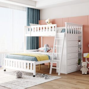 Harper & Bright Designs Twin Over Full Bunk Beds with Six Drawers and Flexible Shelves,Wooden Bunk Beds with Storage and Removable Bottom Bed for Kids Girls Boys,No Box Spring Needed (White)