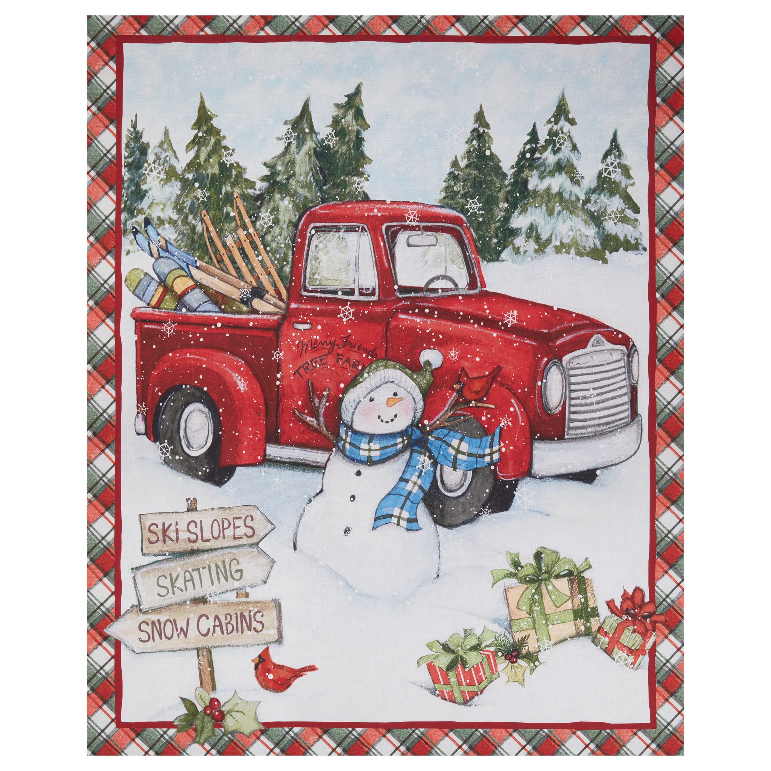 Springs Creative Christmas Red Truck Ski Snowman 36" Panel Multi, Fabric by The Yard