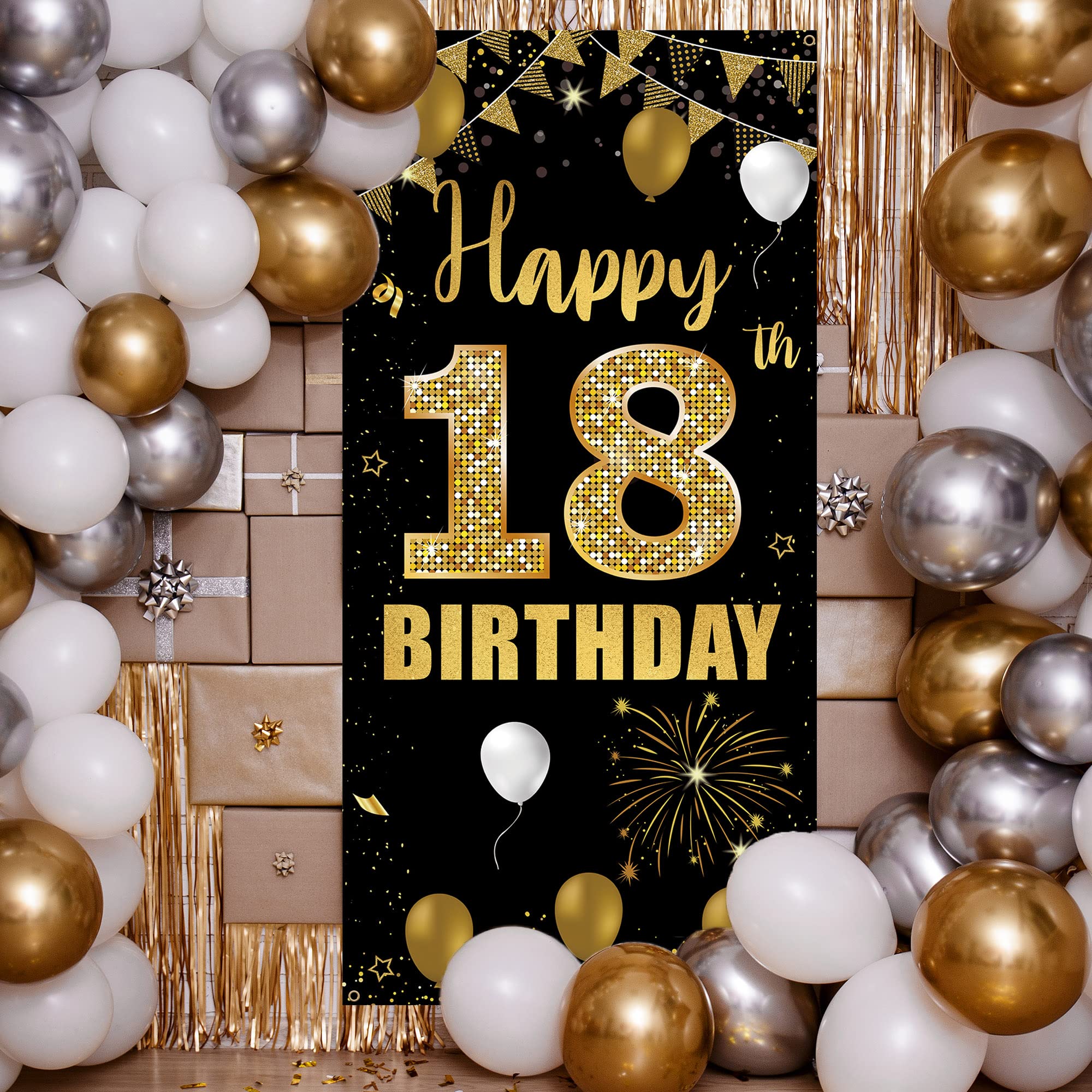 18th Birthday Door Banner Backdrop, Happy 18th Birthday Decorations for Girls Boys Black Gold, 18 Years Old Birthday Party Photo Props Yard Sign for Outdoor Indoor, Sturdy, Vicycaty