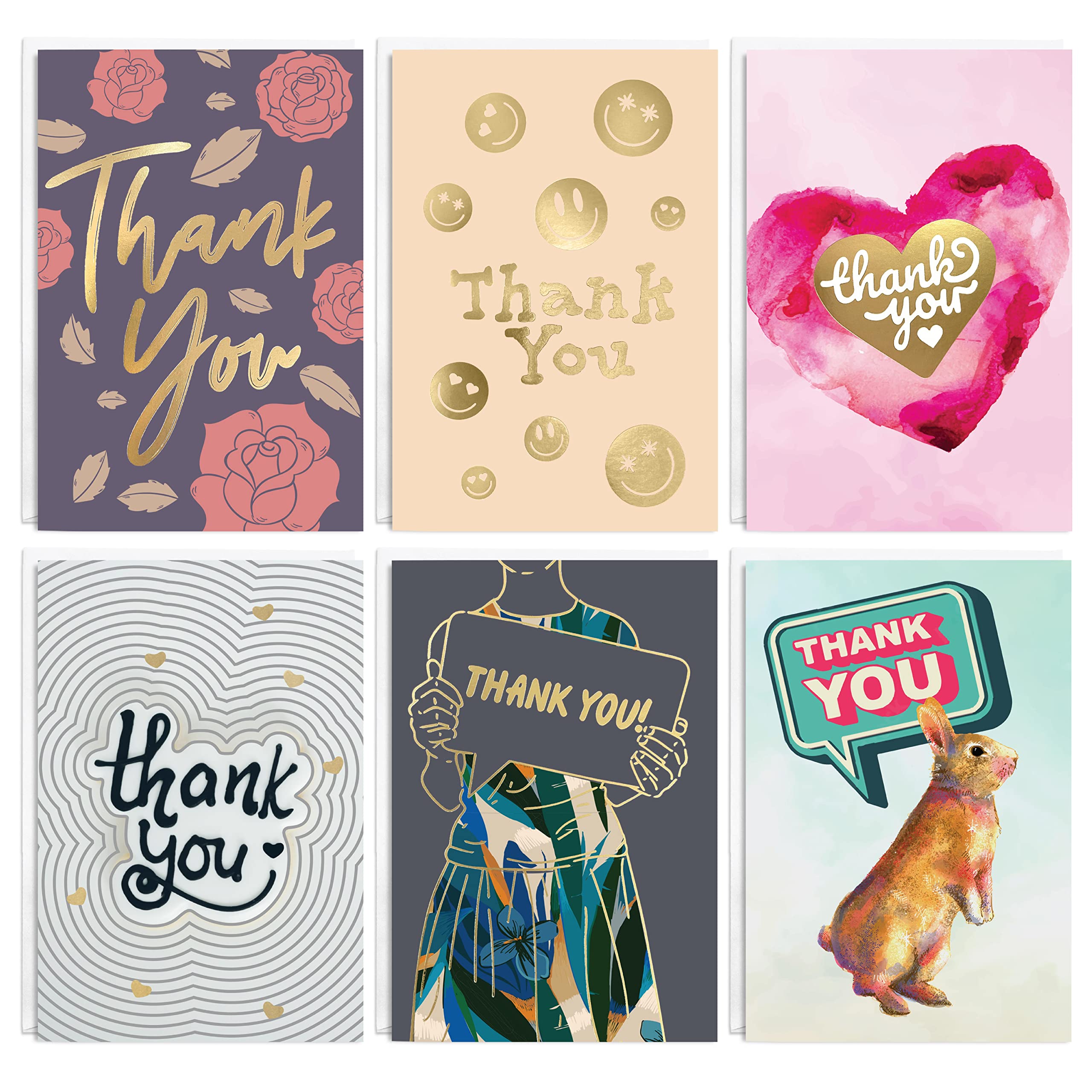 Easykart 18 Thank You Cards with Envelopes , Premium Gold Foil Print, 6 Designs Assorted Thank You Cards for Birthday , Baby Shower, Wedding, Bridal Shower, Small Business, 4.5”x 6.75”