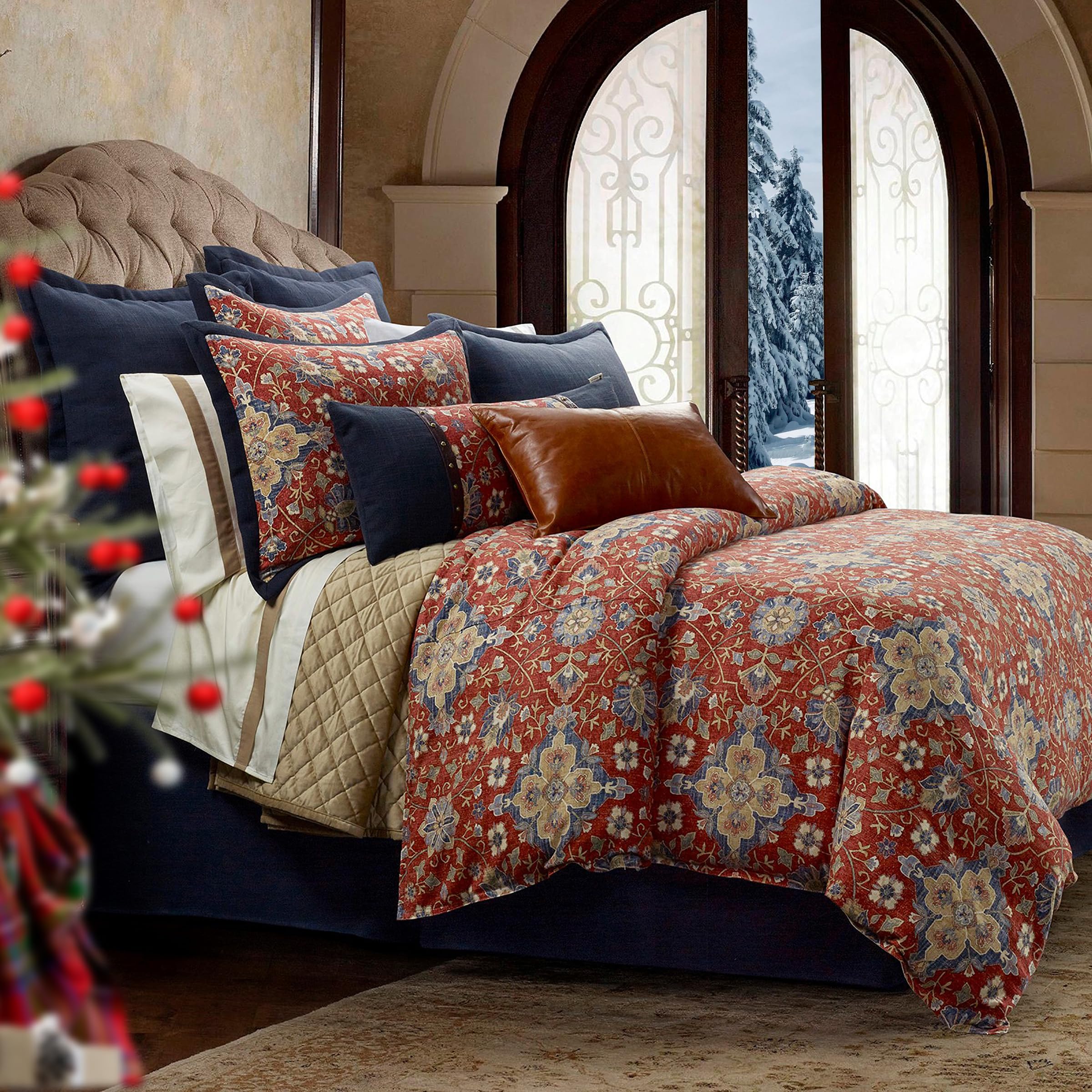 HiEnd Accents Washed Linen Melinda 3 Piece Floral Duvet Cover Set, King Size, Red Navy Blue Medallion Bedding, Classic Western Modern Rustic Lodge Style, Flower Linen Comforter Cover with Pillow Shams