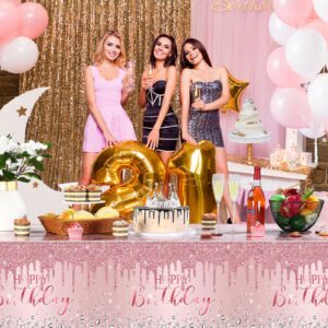 3 Pcs Pink and Rose Gold Tablecloths Glitter Diamond Table Cover PE Girl Party Glitter Table Cloths Sequin Printed Plastic Tablecloths for Girl Women Birthday Wedding Party, 54 x 108 (Happy Birthday)