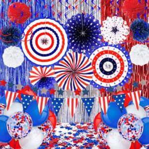 dawnhope 50pcs patriotic decorations, 4th of july independence day red white blue hanging paper fans, hanging swirls, flag pennant, foil fringe, balloons, pom poms memorial day party supplies decor