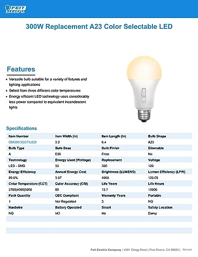 Feit Electric LED Three-Color Selectable Intellibulb - A23 with an E26 Medium Base Light Bulb - 300W Equivalent - 15 Year Life - 4060 Lumen - 2700K Soft White, 4000K Cool White and 5000K Daylight