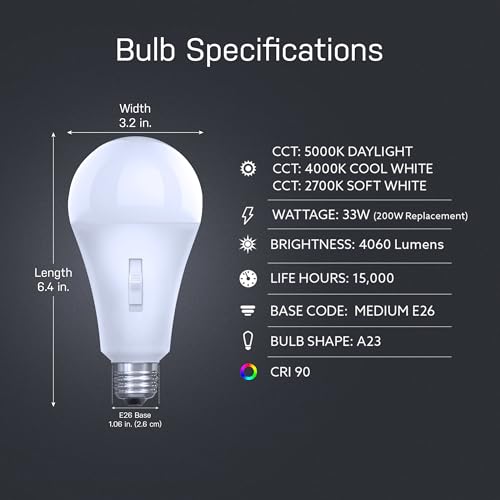 Feit Electric LED Three-Color Selectable Intellibulb - A23 with an E26 Medium Base Light Bulb - 300W Equivalent - 15 Year Life - 4060 Lumen - 2700K Soft White, 4000K Cool White and 5000K Daylight