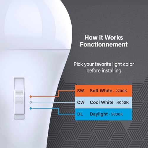 Feit Electric LED Three-Color Selectable Intellibulb - A23 with an E26 Medium Base Light Bulb - 300W Equivalent - 15 Year Life - 4060 Lumen - 2700K Soft White, 4000K Cool White and 5000K Daylight