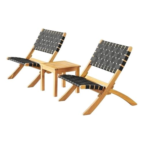 Barre 3PC Acacia Wood Outdoor Bistro Set Two Folding Chairs and 14 in. Table Weather-Resistant Conversation Set Sturdy Black Woven Poly Seats, Outdoor Furniture, Patio, Deck, Backyard