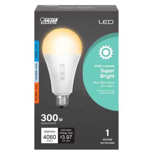 Feit Electric LED Three-Color Selectable Intellibulb - A23 with an E26 Medium Base Light Bulb - 300W Equivalent - 15 Year Life - 4060 Lumen - 2700K Soft White, 4000K Cool White and 5000K Daylight