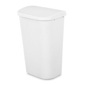 sterilite 11.3 gallon d shape flat side lift top lid wastebasket trash can for kitchen, home office, and garage, or workspace, white (6 pack)