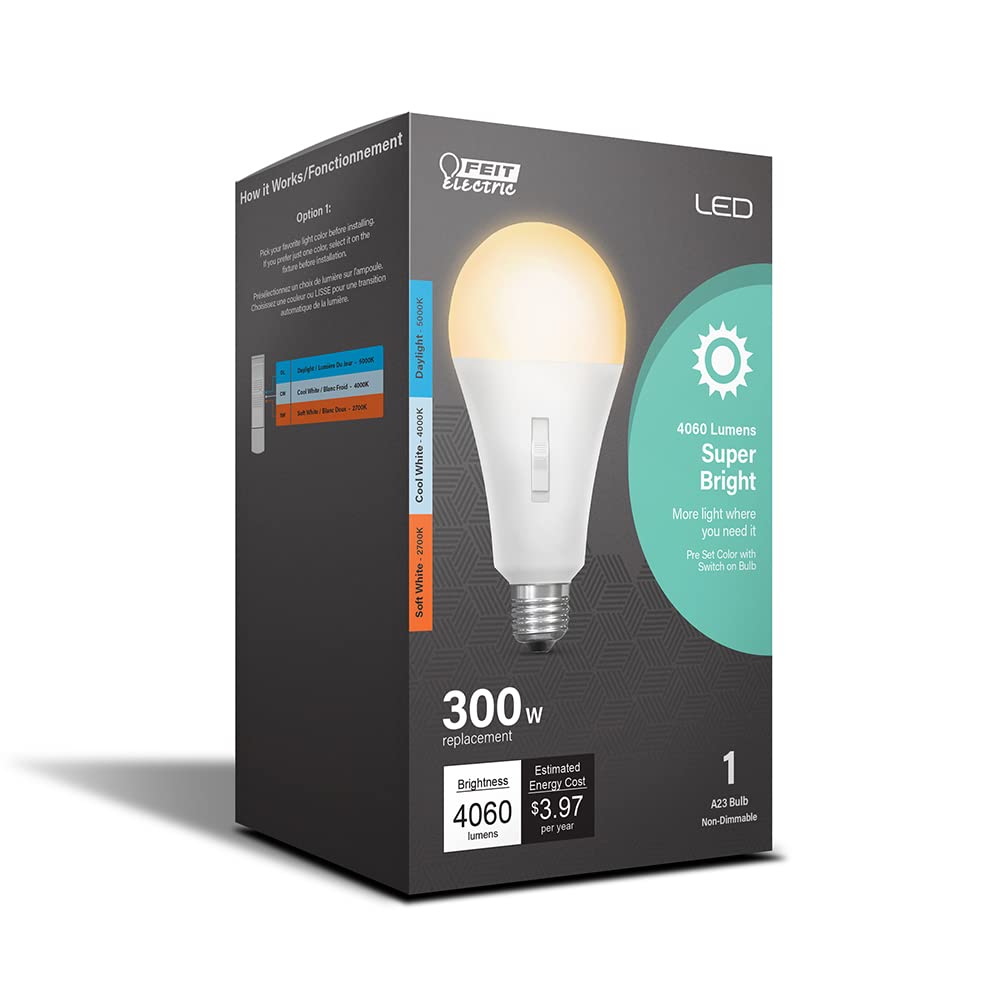 Feit Electric LED Three-Color Selectable Intellibulb - A23 with an E26 Medium Base Light Bulb - 300W Equivalent - 15 Year Life - 4060 Lumen - 2700K Soft White, 4000K Cool White and 5000K Daylight