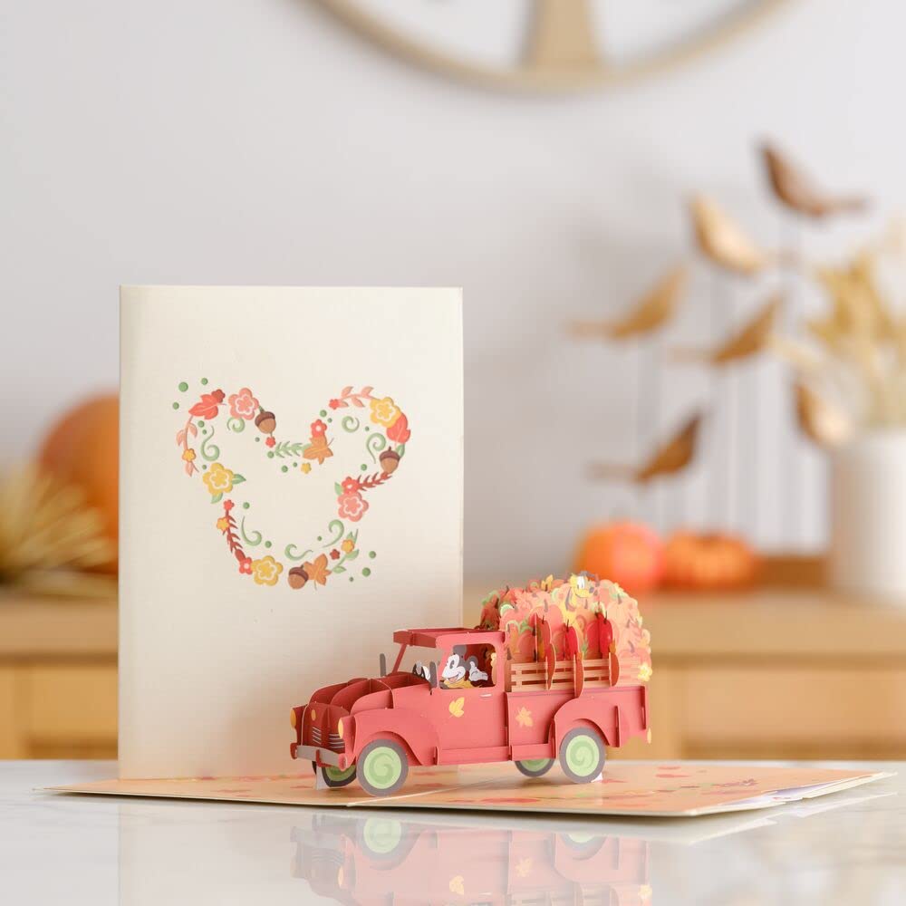 Lovepop Disney's Thanksgiving Pop-Up Card for Her and Him - 3D Holiday Greeting Cards for Boys, Girls, Men, Women - Mickey Mouse Harvest Truck 5" x 7" Pumpkin - Blank Note Card & Envelope Included