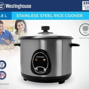 Westinghouse 220 Volts Rice Cooker 16 Cup, Non Stick Cooking Pot, Measuring Cup, Keep Warm Function-Stainless Steel-1000W (NOT FOR USE IN USA)