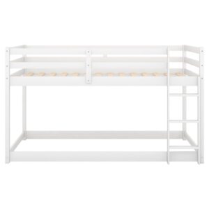 Harper & Bright Designs Low Twin Over Twin Kids Bunk Beds, Solid Wood Floor Bunk Bed Frame with Ladder, Toddler Bunk Bed with Slat, Safety Guardrail for Kids Boys Girls Teen (White)