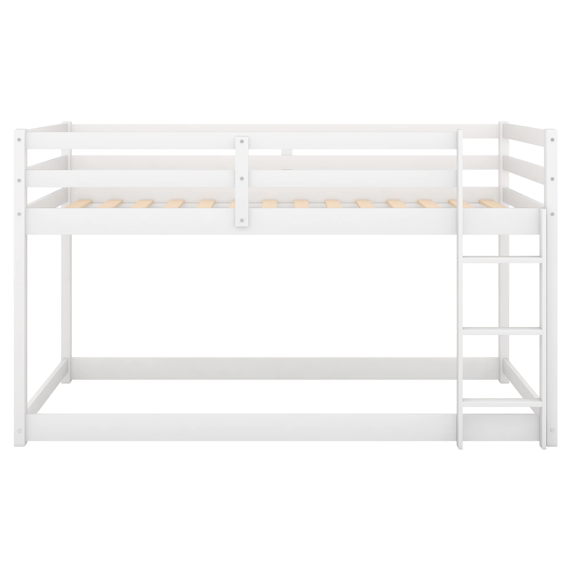 Harper & Bright Designs Low Twin Over Twin Kids Bunk Beds, Solid Wood Floor Bunk Bed Frame with Ladder, Toddler Bunk Bed with Slat, Safety Guardrail for Kids Boys Girls Teen (White)