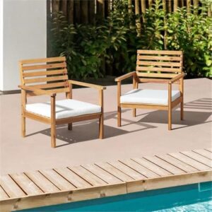 Acacia Wood 2-Person Bistro Set with Water-Resistant Seat Cushions Outdoor Furniture 25 in. W x 29 in. D x 29 in. H Weatherproof & Durable Hardwood Neutral Wood Finish & Natural Cushions