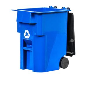 miniature toy blue recycling trash can with lid & wheels for wrestling action figures