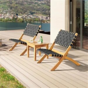 Barre 3PC Acacia Wood Outdoor Bistro Set Two Folding Chairs and 14 in. Table Weather-Resistant Conversation Set Sturdy Black Woven Poly Seats, Outdoor Furniture, Patio, Deck, Backyard