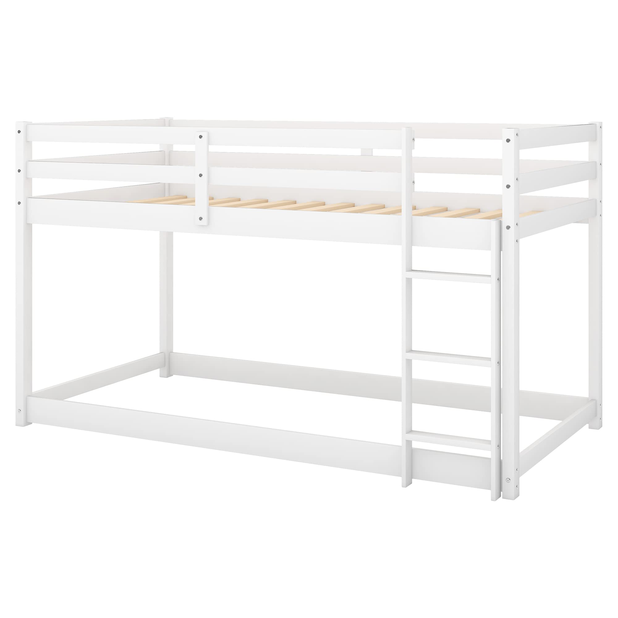 Harper & Bright Designs Low Twin Over Twin Kids Bunk Beds, Solid Wood Floor Bunk Bed Frame with Ladder, Toddler Bunk Bed with Slat, Safety Guardrail for Kids Boys Girls Teen (White)