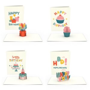 lovepop whimsical birthday notecards 4 pack – 3d pop-up greeting cards – assorted fun and floral occasion cards for mothers, family and friends, 4 card set, 3.75 x 5.125 inches