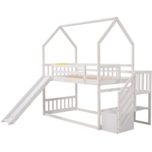 Bellemave House Bunk Beds with Stairs and Slide Low Twin Over Twin Solid Wood Floor Bunk Bed for Kids Girls Boys Teens, White