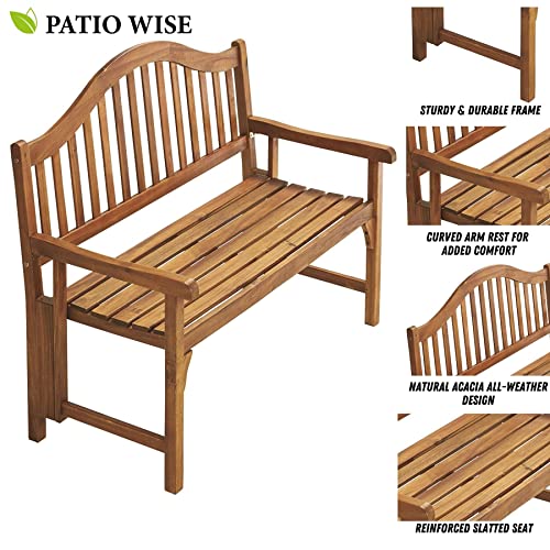 Patio Wise Personalized Foldable Acacia Wood Garden Bench, 4 Foot Indoor/Outdoor Wooden Porch, Patio, & Park Seating, Curved Backrest and Armrest, 48" Wide x 24-3/4" Deep x 41" High, Teak Color