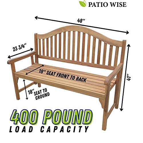 Patio Wise Personalized Foldable Acacia Wood Garden Bench, 4 Foot Indoor/Outdoor Wooden Porch, Patio, & Park Seating, Curved Backrest and Armrest, 48" Wide x 24-3/4" Deep x 41" High, Teak Color