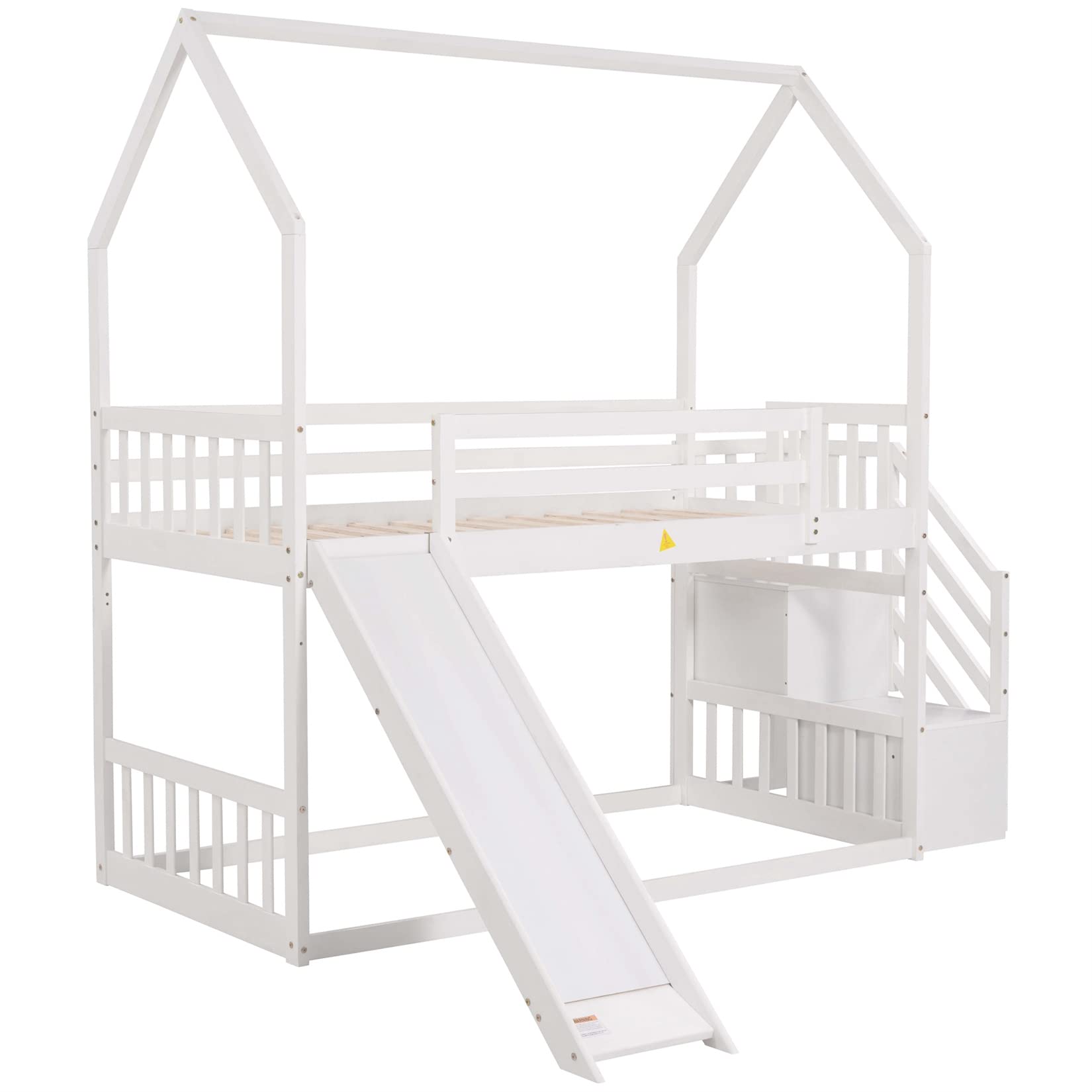 Bellemave House Bunk Beds with Stairs and Slide Low Twin Over Twin Solid Wood Floor Bunk Bed for Kids Girls Boys Teens, White