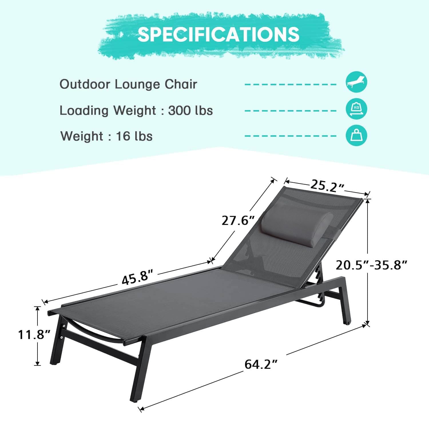 EROMMY Outdoor Chaise Lounge Chairs, All-Weather Patio Loungers with 5-Position Adjustable Backrest & Removable Cushions, Aluminum Reclining Chair for Beach, Poolside, Balcony