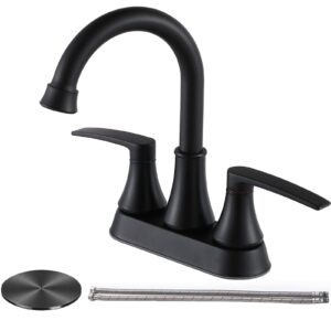 valisy lead-free matte black bathroom sink faucet, 2 handle 4 inch centerset faucet, modern 360° swivel high-arc spout bath lavatory vanity faucets for bathroom sinks with pop-up drain & water hoses