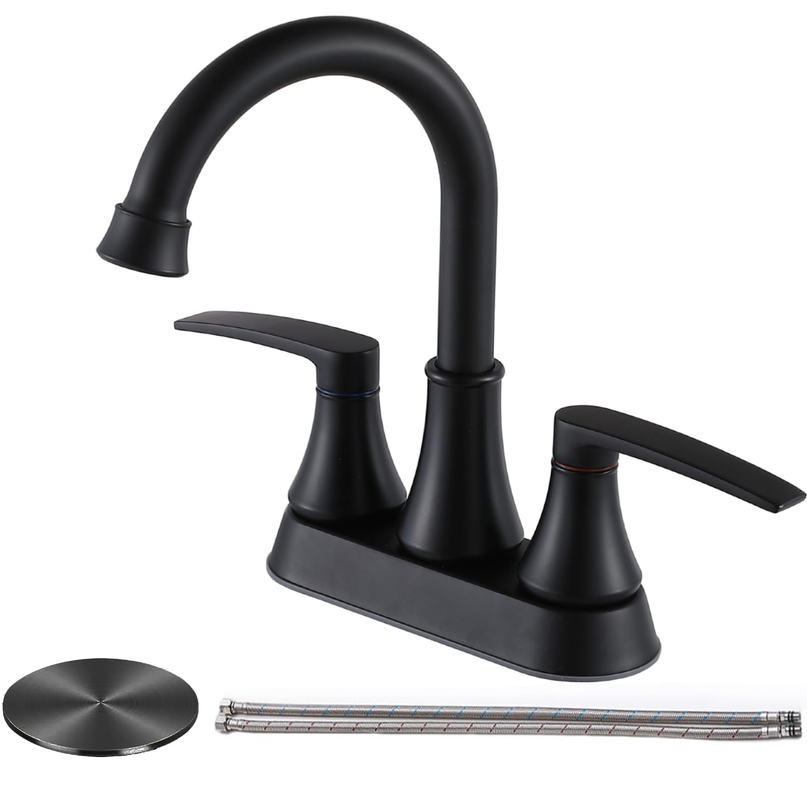 VALISY Lead-Free Matte Black Bathroom Sink Faucet, 2 Handle 4 Inch Centerset Faucet, Modern 360° Swivel High-Arc Spout Bath Lavatory Vanity Faucets for Bathroom Sinks with Pop-up Drain & Water Hoses