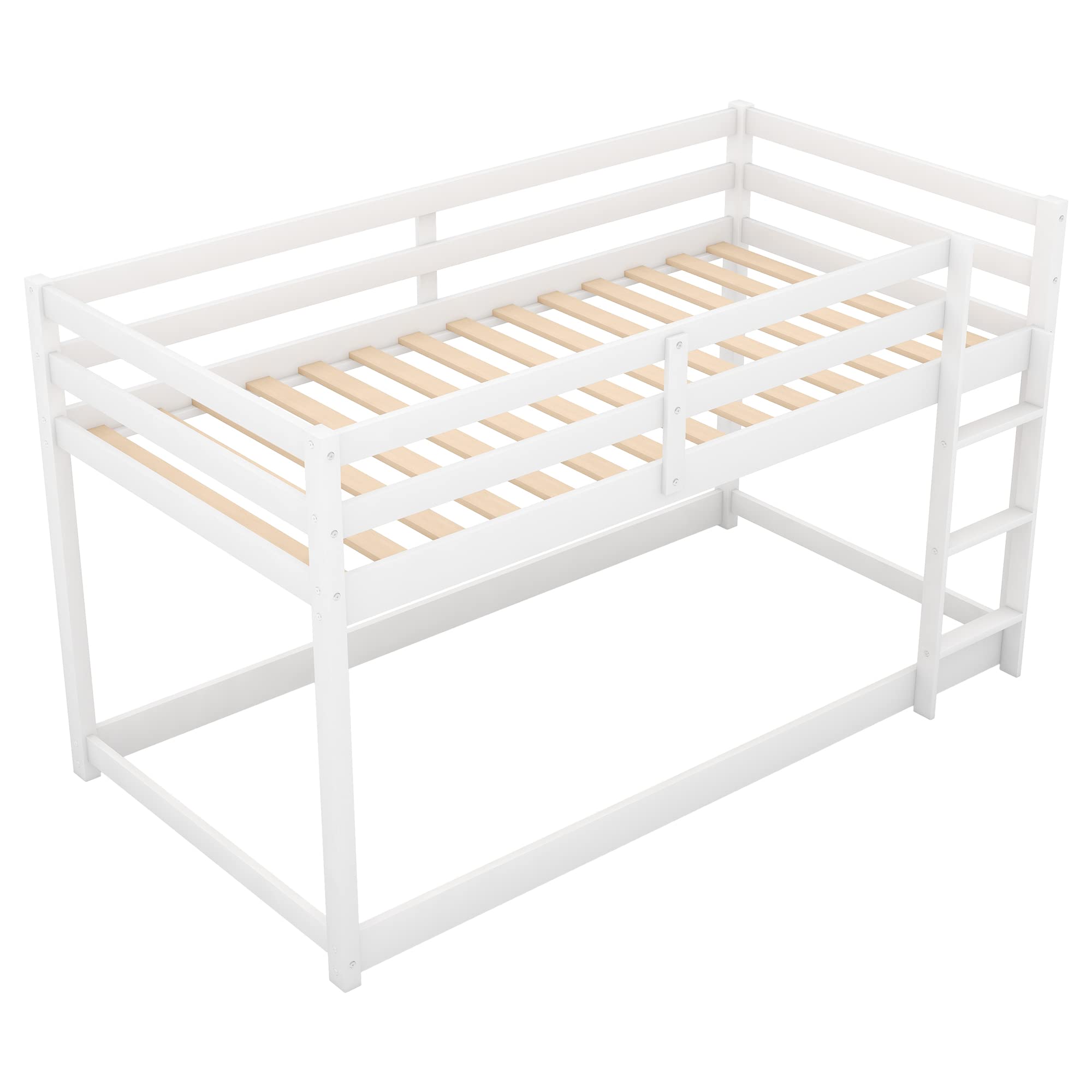 Harper & Bright Designs Low Twin Over Twin Kids Bunk Beds, Solid Wood Floor Bunk Bed Frame with Ladder, Toddler Bunk Bed with Slat, Safety Guardrail for Kids Boys Girls Teen (White)