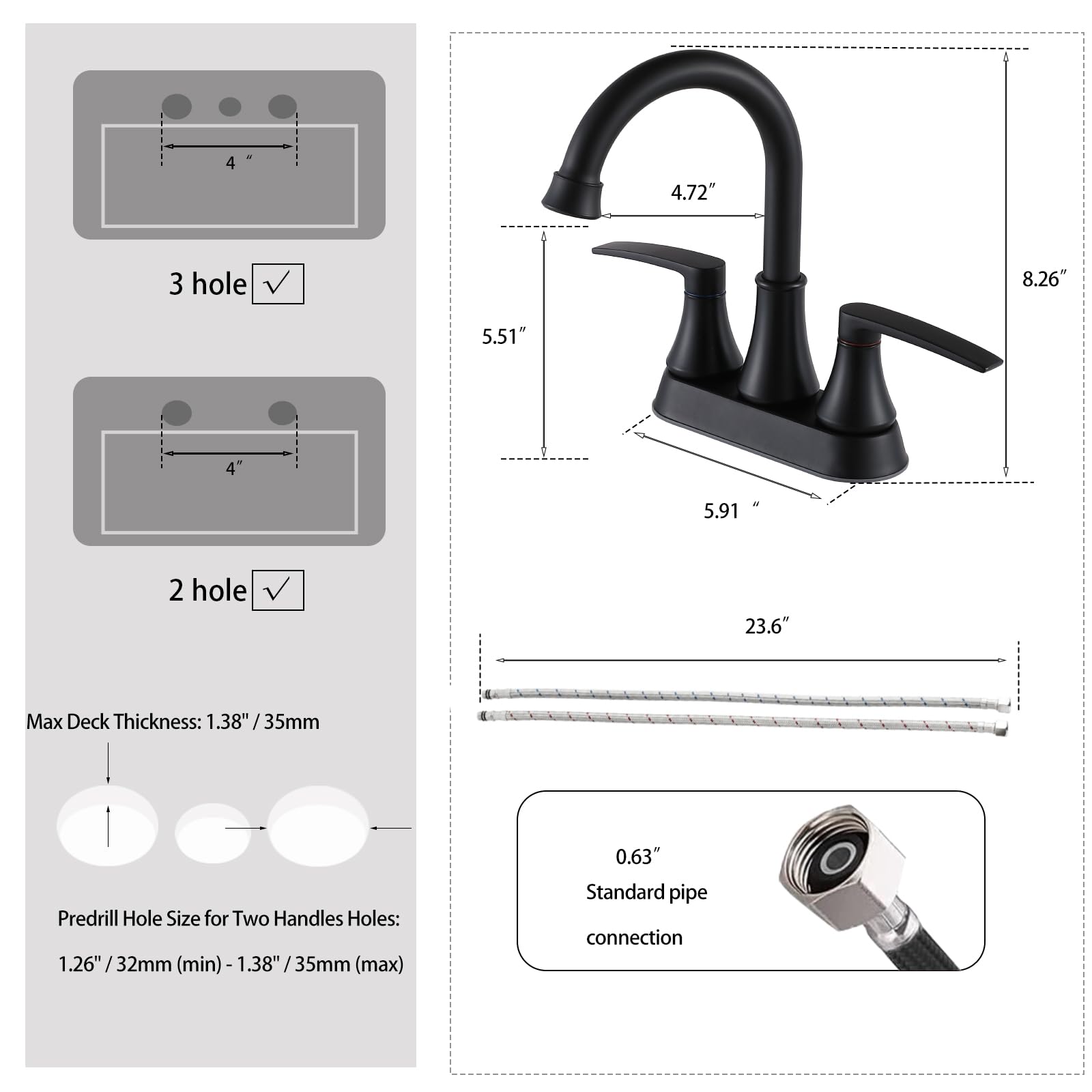 VALISY Lead-Free Matte Black Bathroom Sink Faucet, 2 Handle 4 Inch Centerset Faucet, Modern 360° Swivel High-Arc Spout Bath Lavatory Vanity Faucets for Bathroom Sinks with Pop-up Drain & Water Hoses