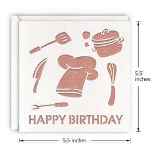 MAGJUCHE Rose Gold Chef Happy Birthday Card, Glitter Laser Cut Cooking Greeting Card For Women, Mom