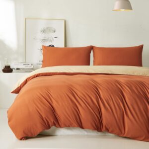 jyhoney caramel orange duvet cover set full size burnt orange reversible beige bedding set modern minimalist style rust solid color duvet covers soft microfiber double bed comforter covers,3pcs