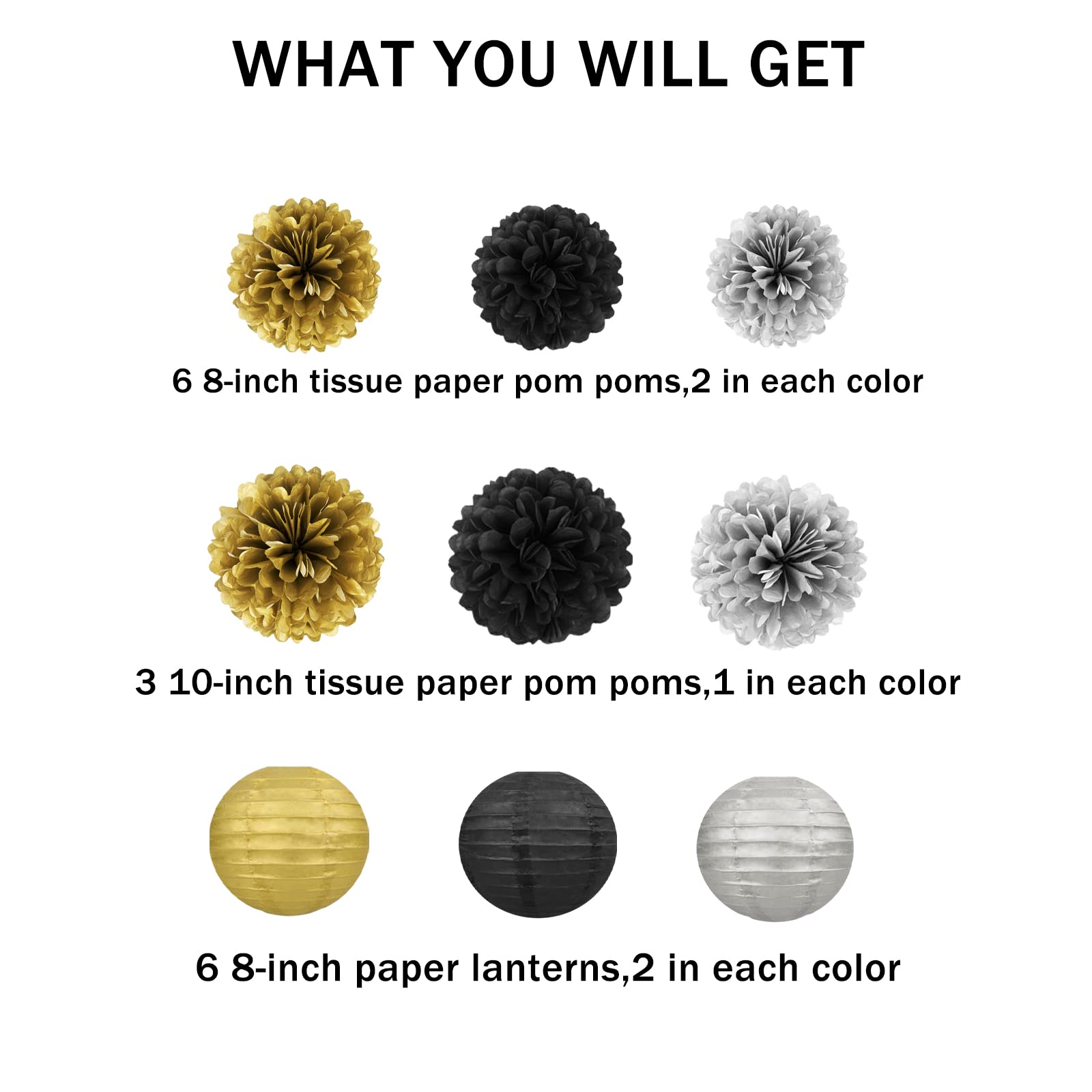 Black Silver Gold Party Decorations - 15Pcs Paper Flowers Tissue Pom Poms Paper Lanterns Graduation Hanging Decor Retirement Decoration 50th 80th 90th Men Birthday Anniversary HongTongTong