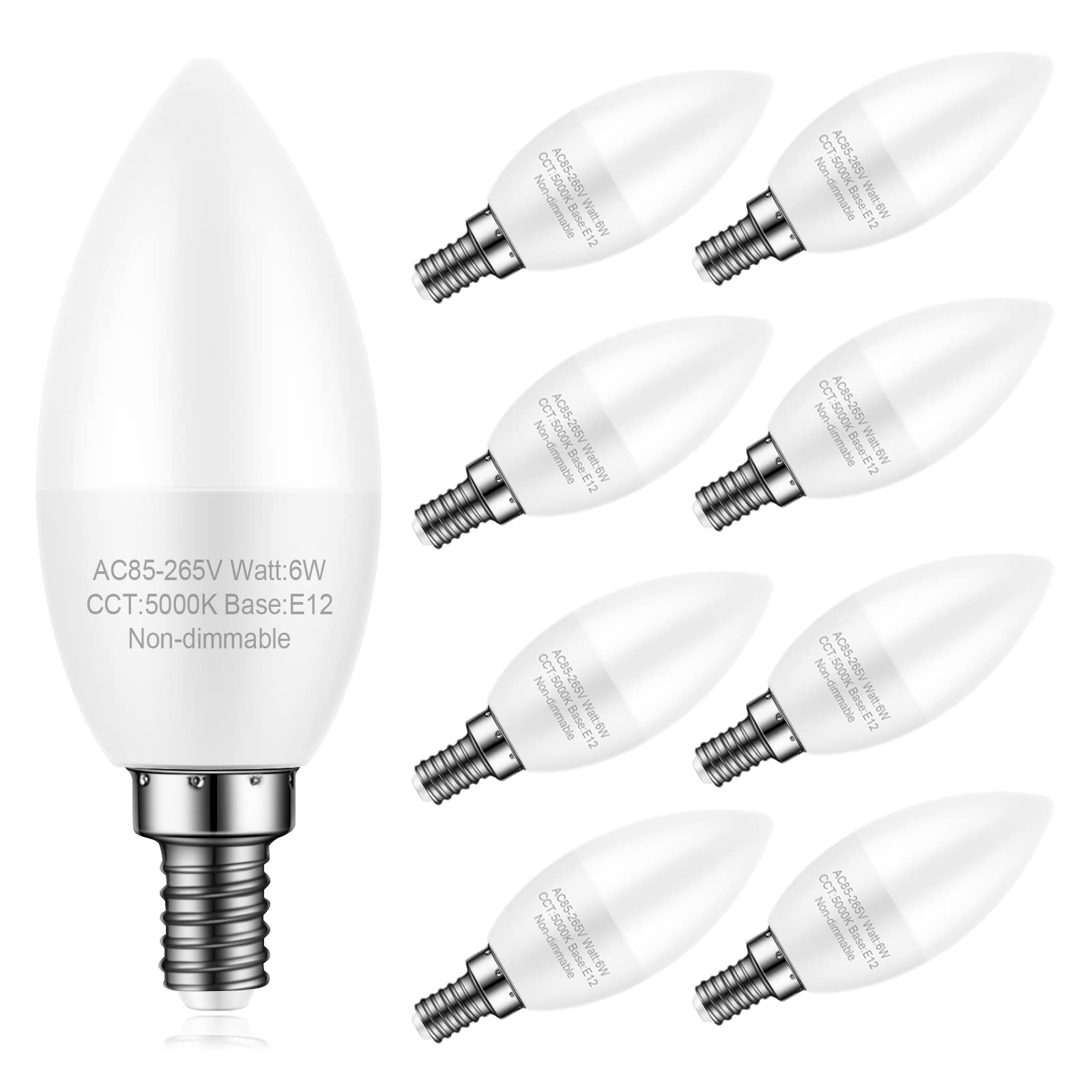 Marxlait 8 Pack E12 Ceiling Fan Light Bulbs, 60W Equivalent, Daylight White 5000K, Small Base LED Candelabra Bulb for Chandelier, Type B LED Bulbs, 120V, Not Dimmable