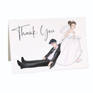 Iconikal Funny Wedding Thank You Note Greeting Cards with Envelopes, Bride Dragging Groom, 30-Count