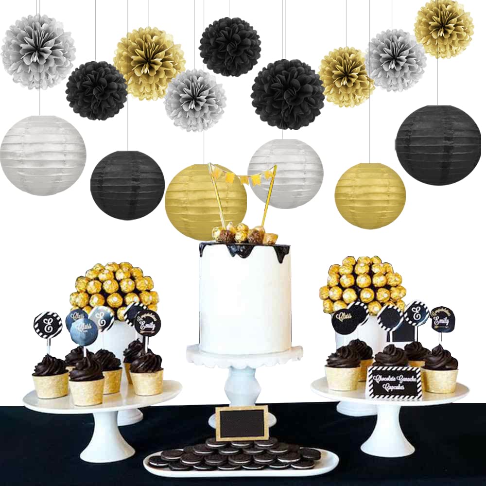 Black Silver Gold Party Decorations - 15Pcs Paper Flowers Tissue Pom Poms Paper Lanterns Graduation Hanging Decor Retirement Decoration 50th 80th 90th Men Birthday Anniversary HongTongTong