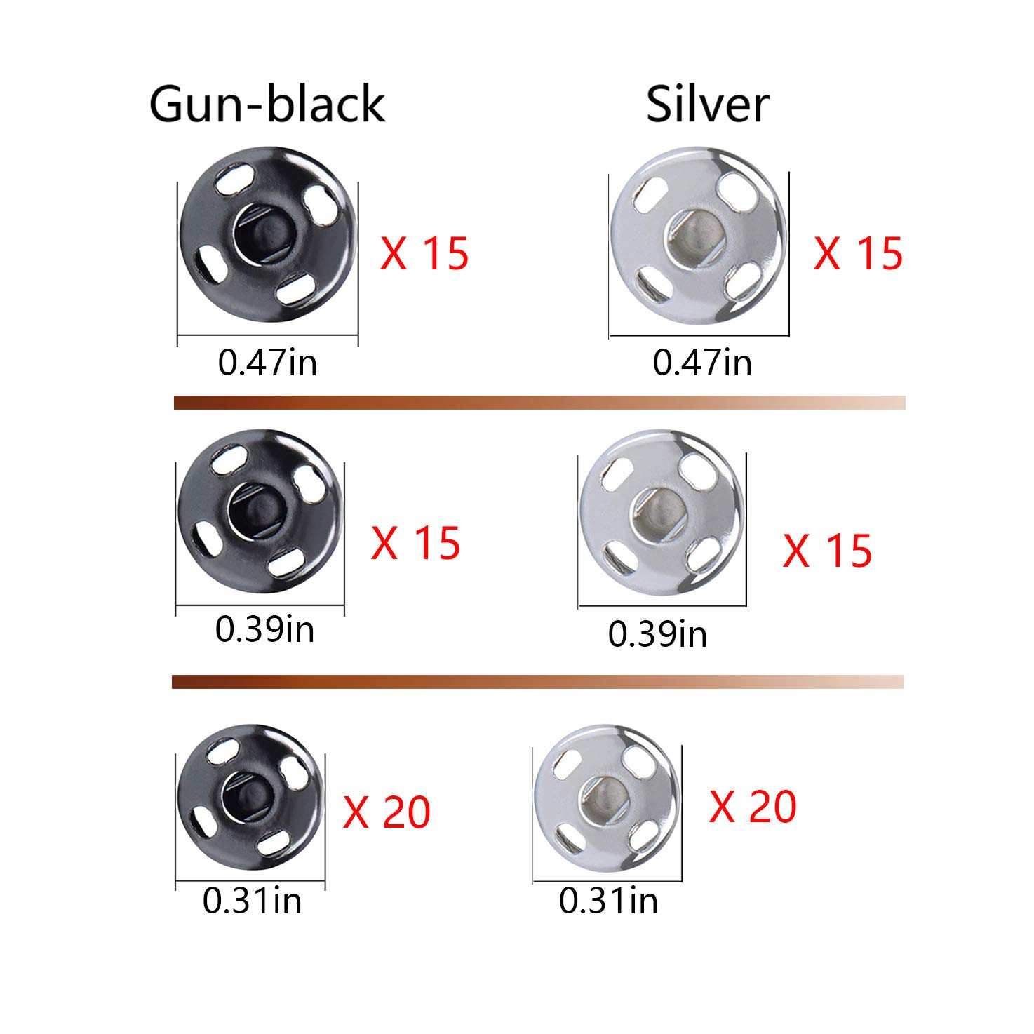 Fuman Forest 100 Sets Sew-on Snap Buttons Metal Snaps Fasteners Press Studs Buttons for Sewing, 8.5 mm,10 mm & 12mm,Black & Silver, (Fuman-034)