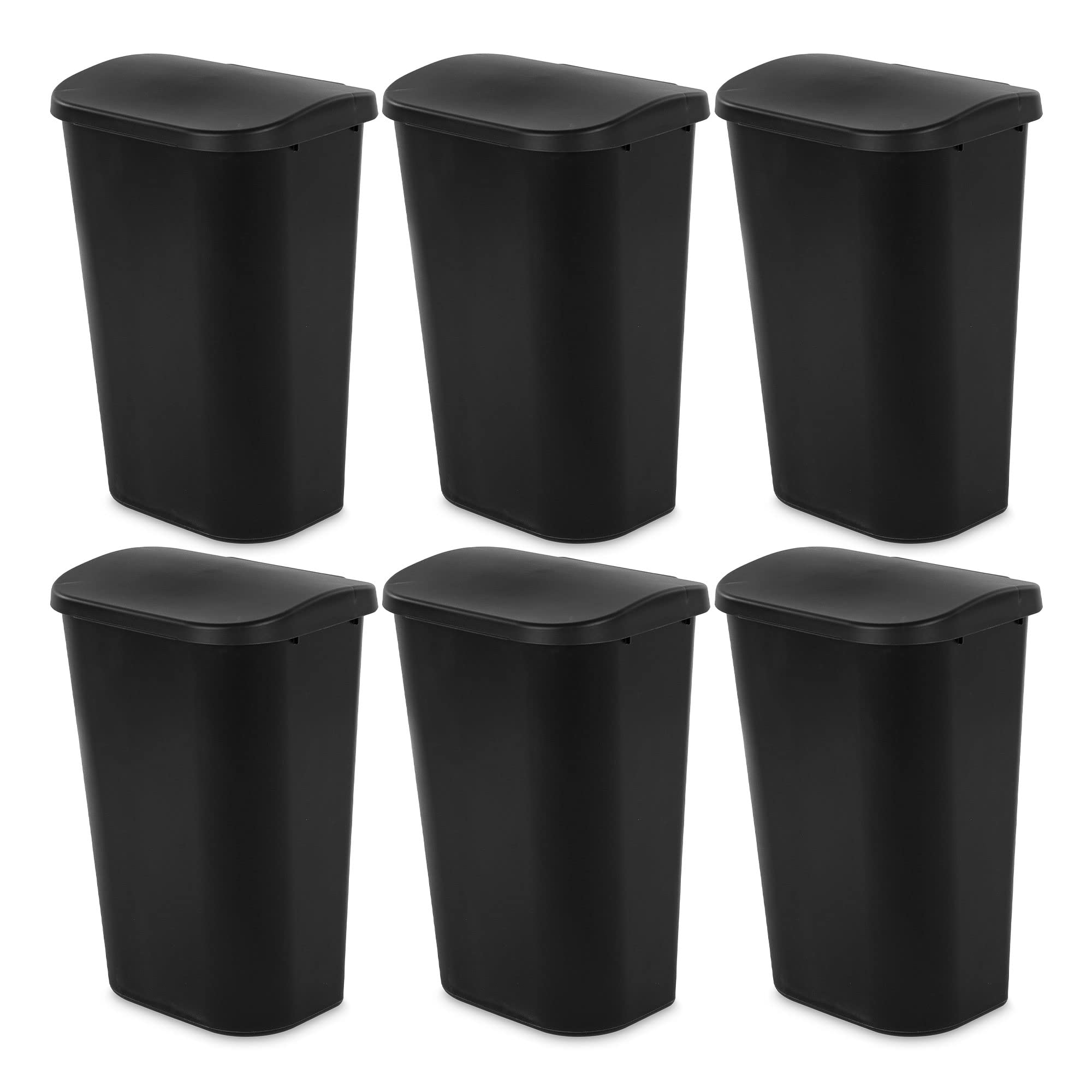 Sterilite 11.3 Gallon D Shape Flat Side Lift Top Lid Wastebasket Trash Can for Kitchen, Home Office, and Garage, or Workspace, Black (6 Pack)