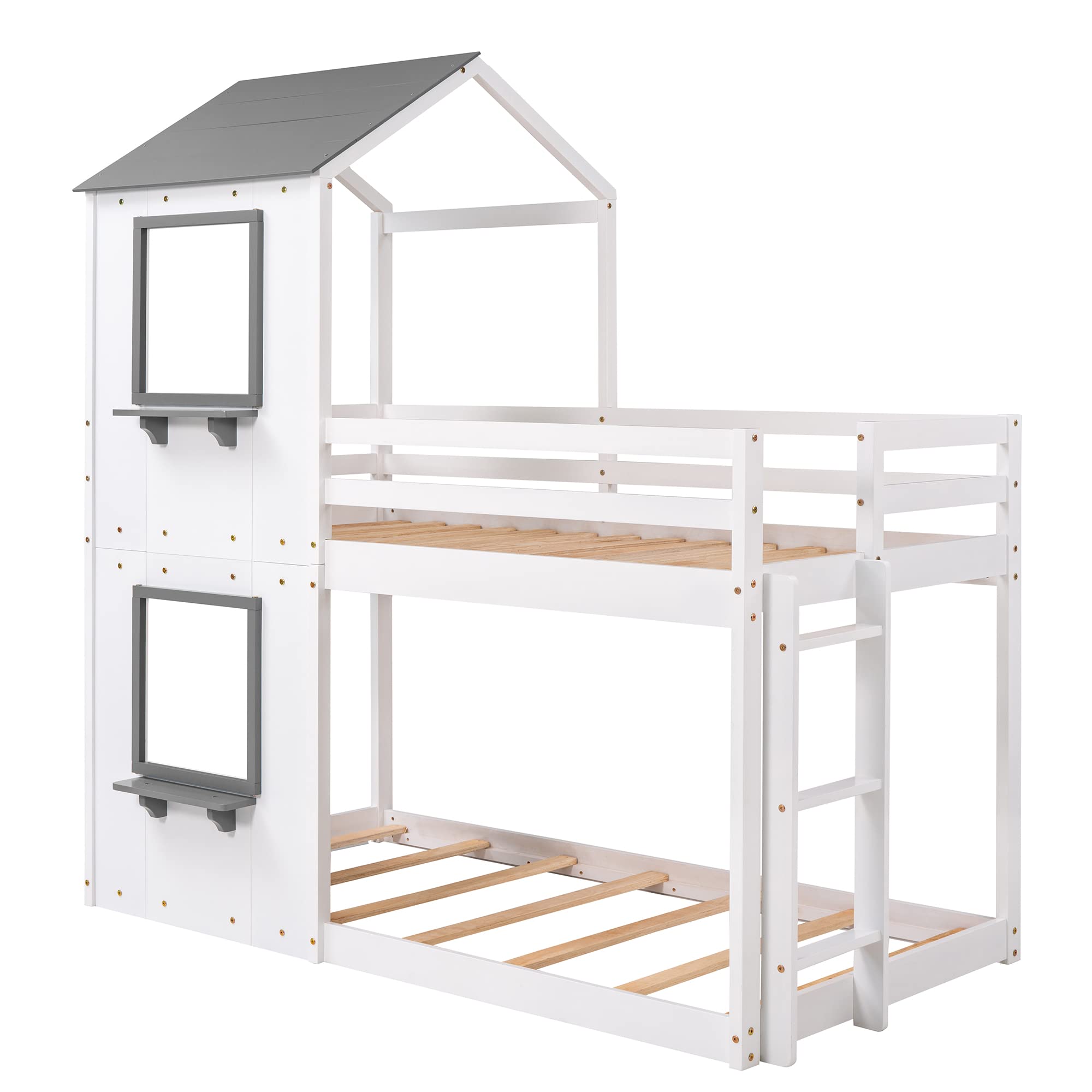 P PURLOVE Twin Over Twin Bunk Bed, Wood bunk Bed Frame with Ladder, Bunk Bed with Roof, Window and Guardrails, for Boy, Girls and Young Teens, White