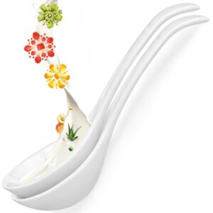 Artena Soup Ladle Set Of 2, 10.5 Inch White Ceramic Ladle Spoon, Ladles For Serving, Big Soup Spoons, Asian Soup Spoons, Chinese Soup Spoons, Long Handle Spoon, Deep Oval Hook Design, Dishwasher Safe